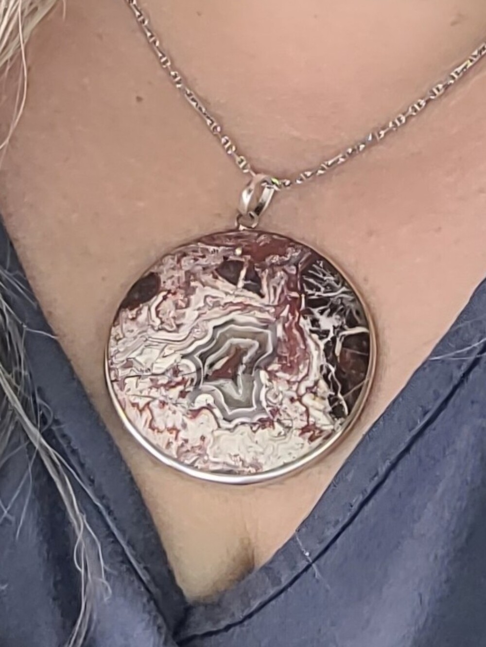 Crazy Lace Agate Artisan Red and Cream Large Round Pendant 925 Silver
